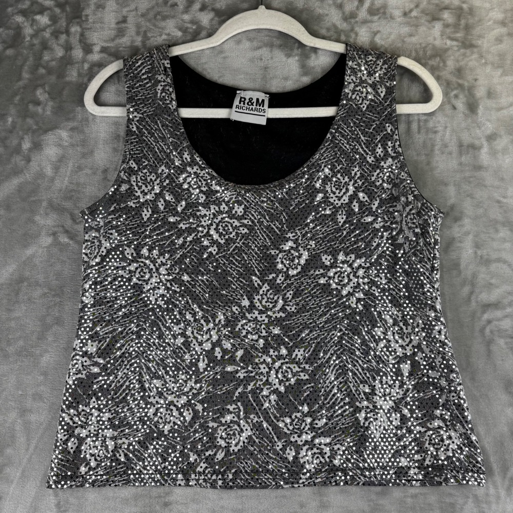 R&M Richards Tank Top Womens Medium Silver Black Sequin‎ Floral Vintage (1516)